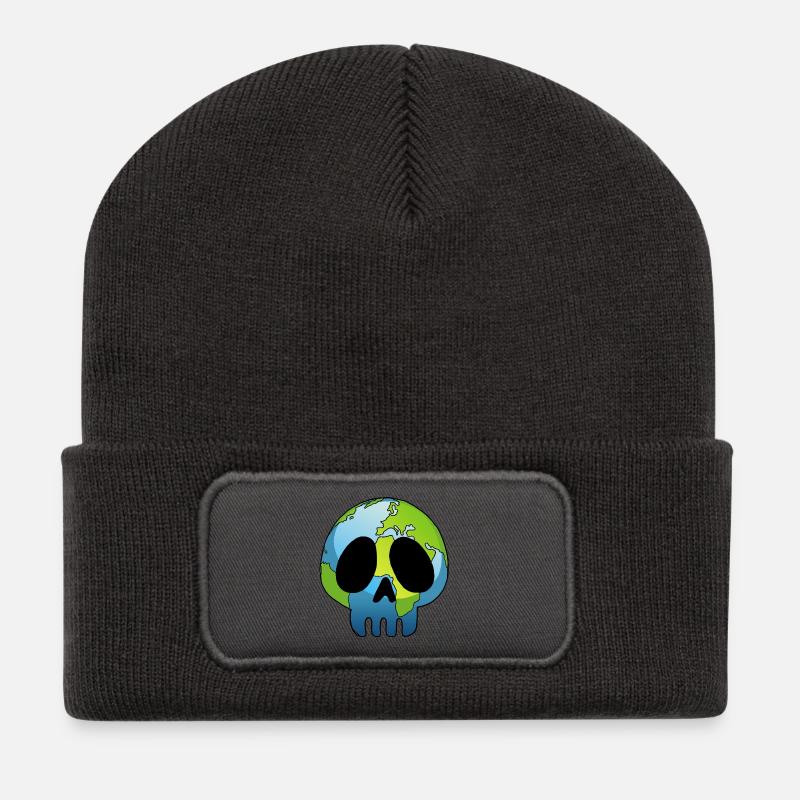Tête de mort et planète Terre - Beanie recyclé à patch - charbon