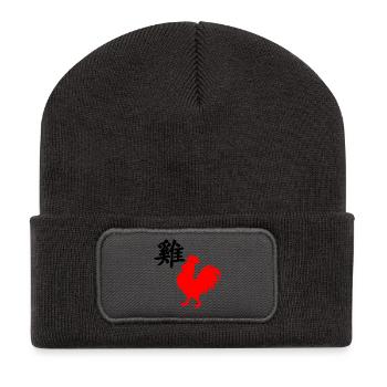 Coq de caractère chinois avec image de coq rouge, - Beanie recyclé à patch - charbon - Devant