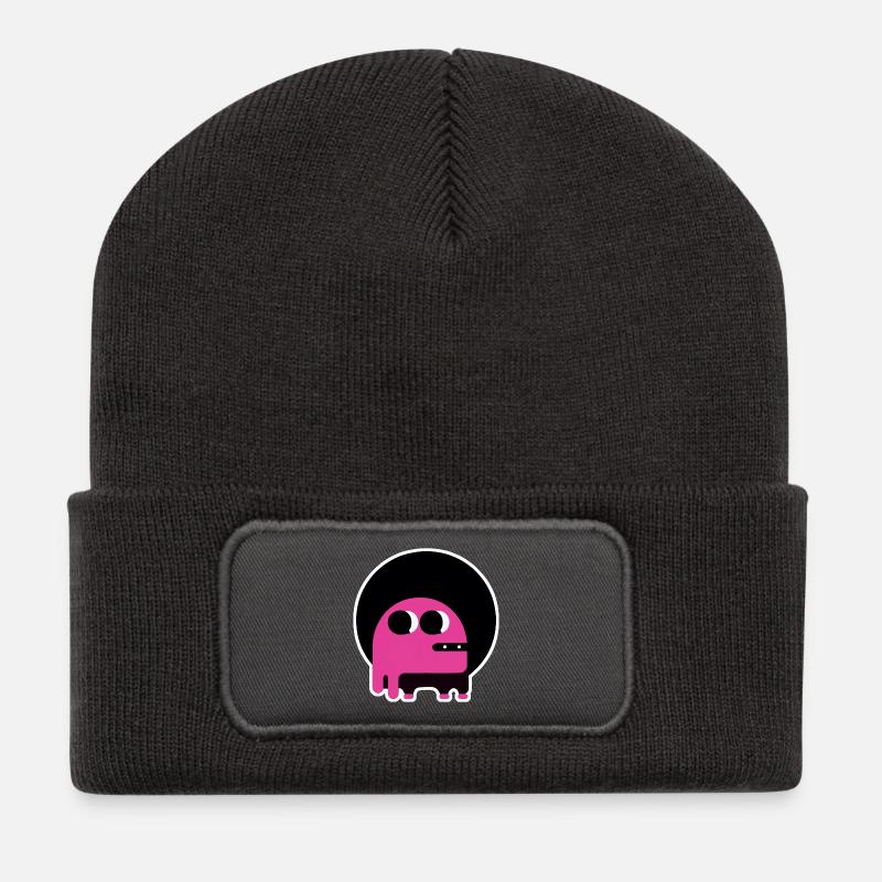 Niedliches pinkes Afro-Monster | Retro Funky Creature - Recycelte Patch Beanie - Dunkelgrau