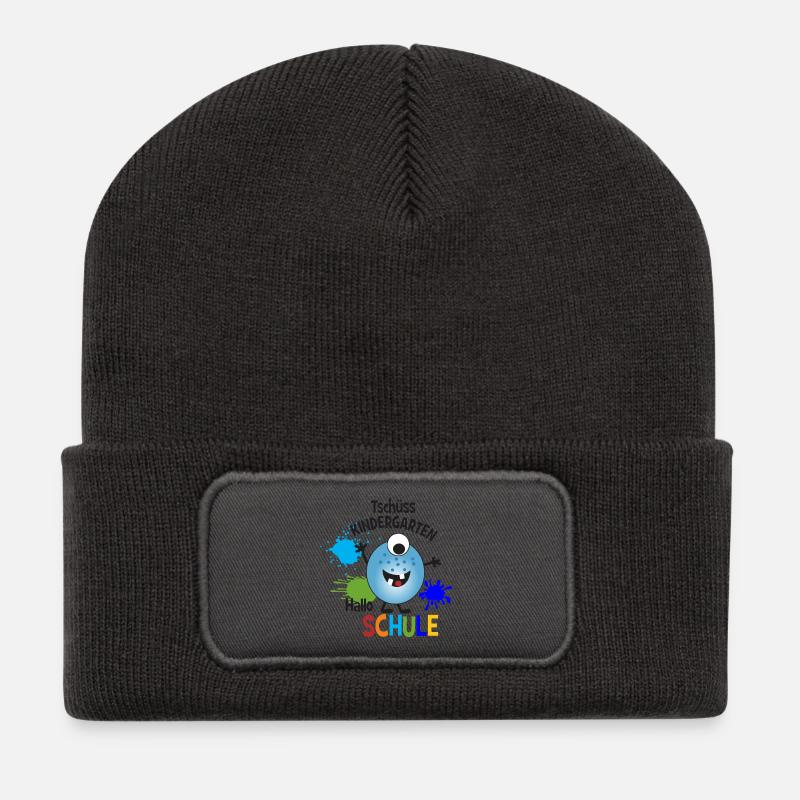 Monster blau - Tschüss Kindergarten - Hallo Schule - Recycelte Patch Beanie - Dunkelgrau