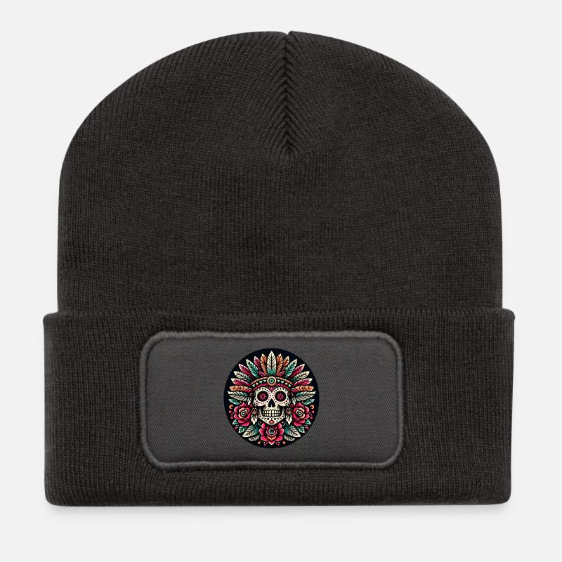 Crâne maya 2 - Beanie recyclé à patch - charbon