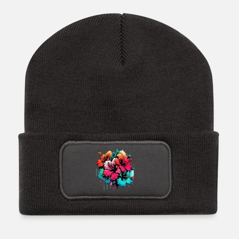 Hibiskusblüten - Recycelte Patch Beanie - Dunkelgrau