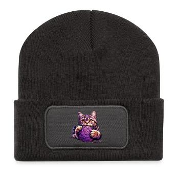 Le chat joue avec une pelote de laine - Beanie recyclé à patch - charbon - Devant