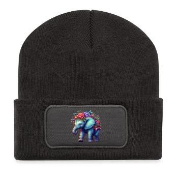 Elefant mit Blumen - Recycelte Patch Beanie - Dunkelgrau - Vorne
