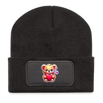 Teddybär mit Herz und Seifenblasen - Recycelte Patch Beanie - Dunkelgrau - Vorne