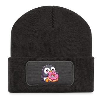 Pingouin mignon avec beignet dans le dessin animé enneigé - Beanie recyclé à patch - charbon - Devant