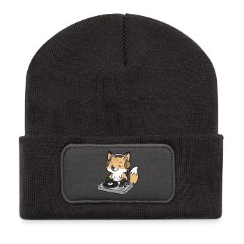 Un renard en DJ avec des écouteurs à la table de mixage - Beanie recyclé à patch - charbon - Devant