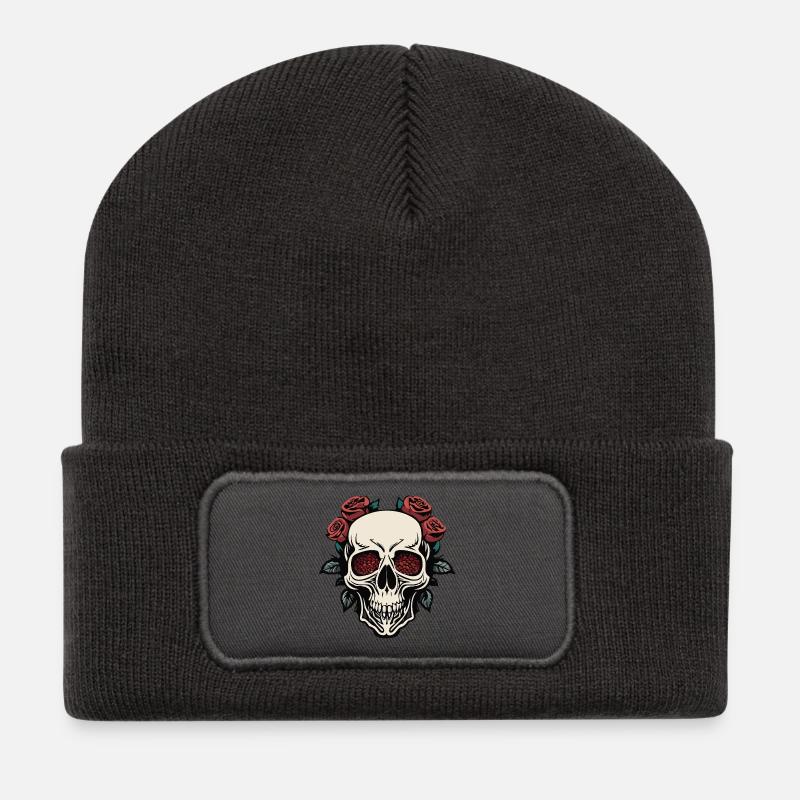 Stilvoller Totenkopf mit Rosen und Marineblau - Recycelte Patch Beanie - Dunkelgrau