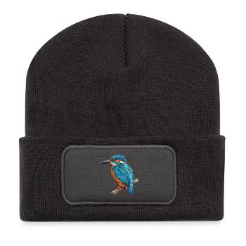 Bestickter Eisvogel stilvoll naturbedruckt (bedruckt) - Recycelte Patch Beanie - Dunkelgrau - Vorne