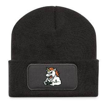 Raging Unicorn Gamer Maskottchen mit Controller - Recycelte Patch Beanie - Dunkelgrau - Vorne