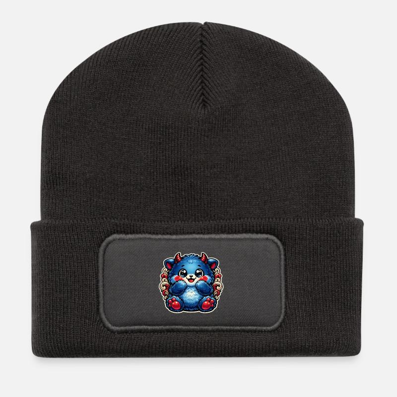 Blauer Kuschel-Panda mit roten Pfoten - Recycelte Patch Beanie - Dunkelgrau