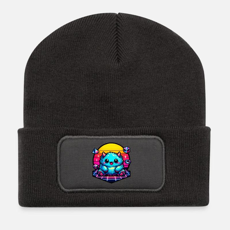 Neon-Puschelmonster - Recycelte Patch Beanie - Dunkelgrau