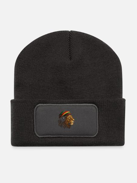 Löwe mit Rastafari Kopfhörer - Recycelte Patch Beanie - Dunkelgrau