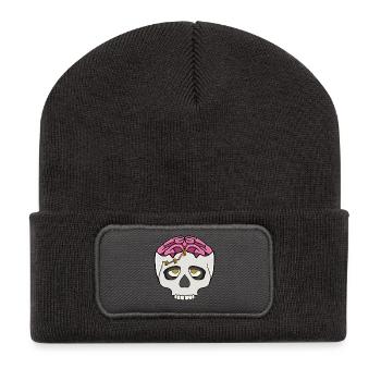 Pinkes Gehirn im Schädel  - Recycelte Patch Beanie - Dunkelgrau - Vorne