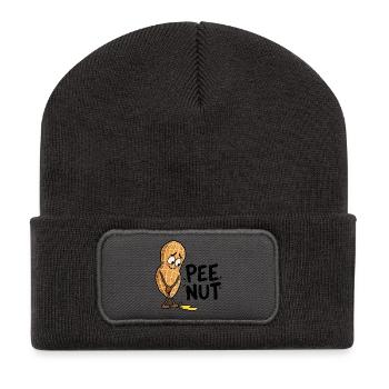 Pee Nut – Lustige Erdnuss mit Pfütze und Wortspiel - Recycelte Patch Beanie - Dunkelgrau - Vorne