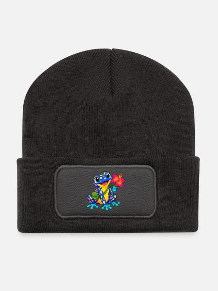 Bunter Frosch Hibiskus - Recycelte Patch Beanie - Dunkelgrau
