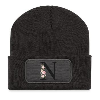 N Buchstabe Monogram Floral - Recycelte Patch Beanie - Dunkelgrau - Vorne