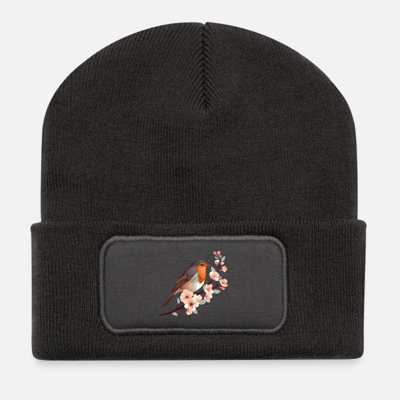 Rotkehlchen auf Kirschblüte - Recycelte Patch Beanie - Dunkelgrau
