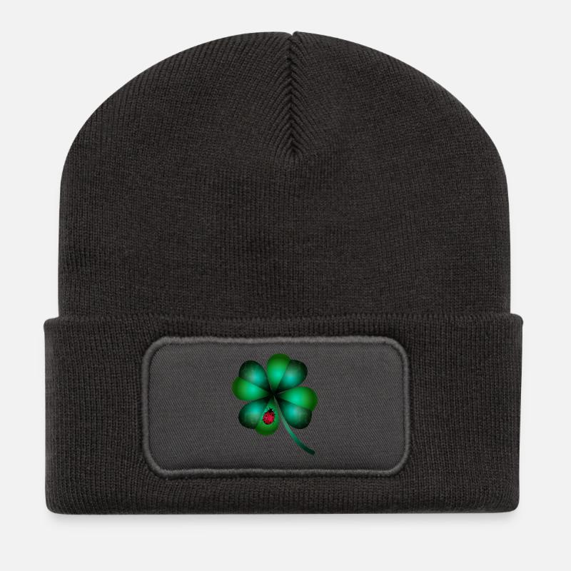 dunkelgrünes vierblättriges Kleeblatt Marienkäfer - Recycelte Patch Beanie - Dunkelgrau
