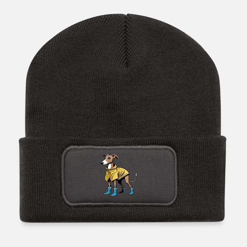 Whippet im Regenmantel - Recycelte Patch Beanie - Dunkelgrau