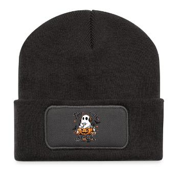 cooler Geist mit Kopfhörern auf Halloween Kürbis - Recycelte Patch Beanie - Dunkelgrau - Vorne
