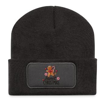 Fröhlicher Lebkuchenmann mit Zuckerstange - Recycelte Patch Beanie - Dunkelgrau - Vorne