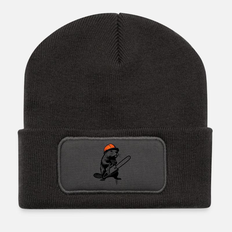 Biber mit Motorsäge – Humorvolles Stencil-Design - Recycelte Patch Beanie - Dunkelgrau