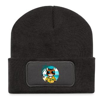 Chat sur la plage - Beanie recyclé à patch - charbon - Devant