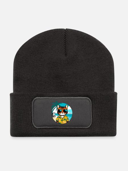 Katze am Strand - Recycelte Patch Beanie - Dunkelgrau