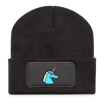 Licorne Cool Guy Sourire Maléfique Cheval de dessin animé - Beanie recyclé à patch - charbon - Devant