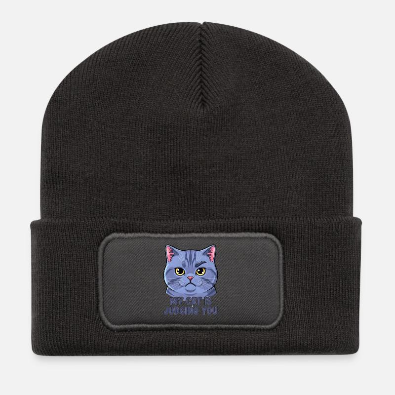 Katzen-Motto mit witzigem Gesicht - Recycelte Patch Beanie - Dunkelgrau