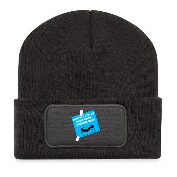 Humoristisches Zitat auf blauem Sofa - Recycelte Patch Beanie - Dunkelgrau - Vorne