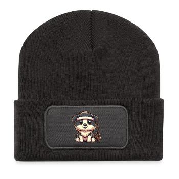 Tennis Hund Mit Stirnband Und Schläger - Recycelte Patch Beanie - Dunkelgrau - Vorne