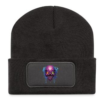 Psychedelischer Skull in Lila und Blau  - Recycelte Patch Beanie - Dunkelgrau - Vorne