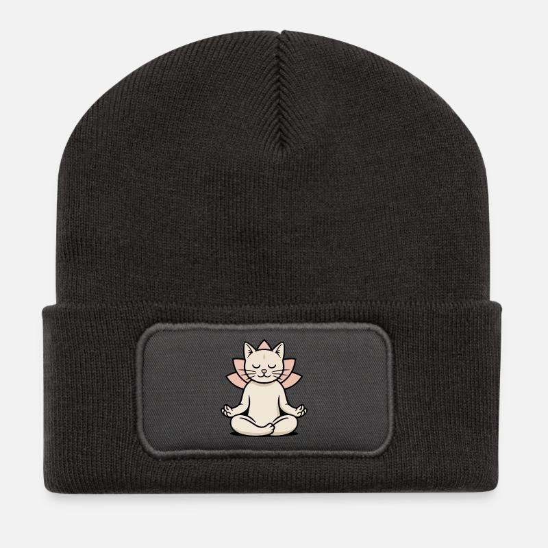 Zen-Yoga Katze im Lotussitz - Achtsam & süß - Recycelte Patch Beanie - Dunkelgrau