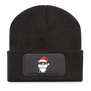 Dessin animé de Noël du chat agacé au chapeau - Beanie recyclé à patch - charbon - Devant