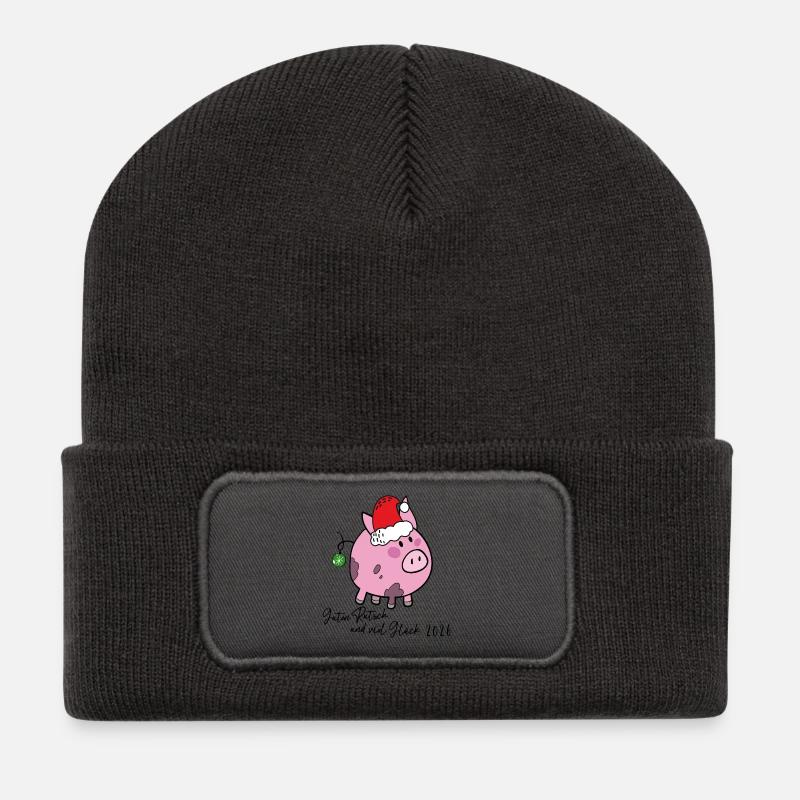 Glücksschwein Neujahr - Recycelte Patch Beanie - Dunkelgrau