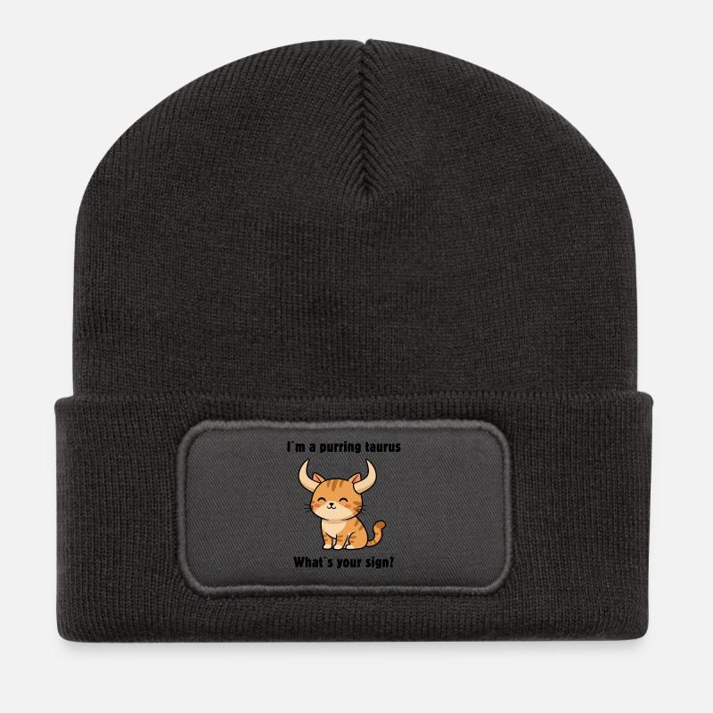 Cute Taurus Cat – Strong Zodiac Sign Motif - Recycled Patch Beanie - dark grey