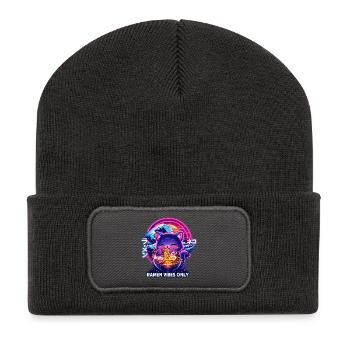 Ramen Katze Neon Cyber Gaming - Recycelte Patch Beanie - Dunkelgrau - Vorne