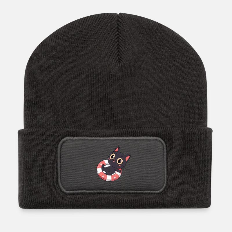 Schwarze Katze auf Bojenblüten - Recycelte Patch Beanie - Dunkelgrau