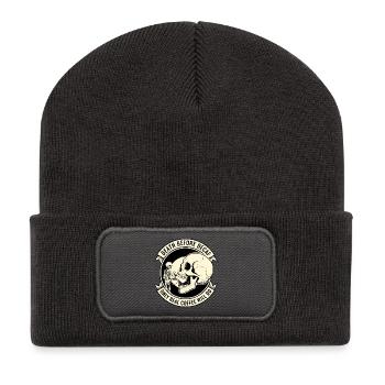Death Before Decaf Skull Kaffee - Recycelte Patch Beanie - Dunkelgrau - Vorne