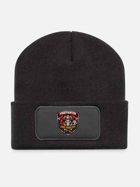 Feuerwehr Abzeichen Schädel Flammen - Recycelte Patch Beanie - Dunkelgrau