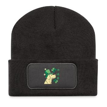 Labrador Dog with Green Hat and Shamrocks - Recycled Patch Beanie - dark grey - Front