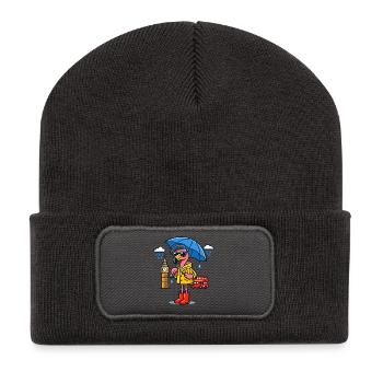 London Rain Flamingo Cartoon - Recycled Patch Beanie - dark grey - Front