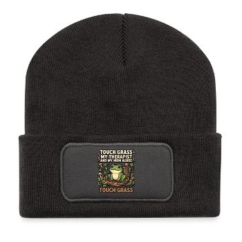 Touch Grass Frosch Computer Humor - Recycelte Patch Beanie - Dunkelgrau - Vorne