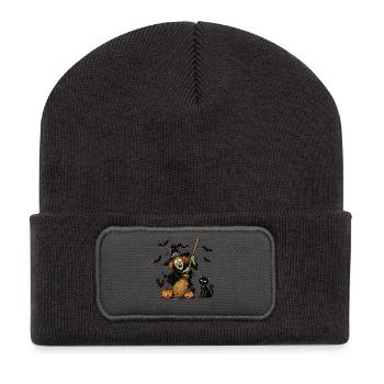 Motif vintage effrayant de la sorcière Halloween Chat citrouille - Beanie recyclé à patch - charbon - Devant