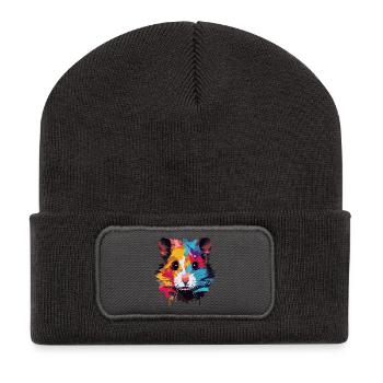 Farbenfrohes Pop-Art Hamsterporträt - Recycelte Patch Beanie - Dunkelgrau - Vorne