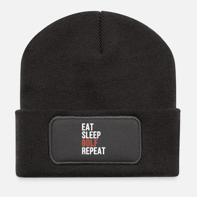 Eat sleep Golf Repeat - Funny Gift - Recycled Patch Beanie - dark grey