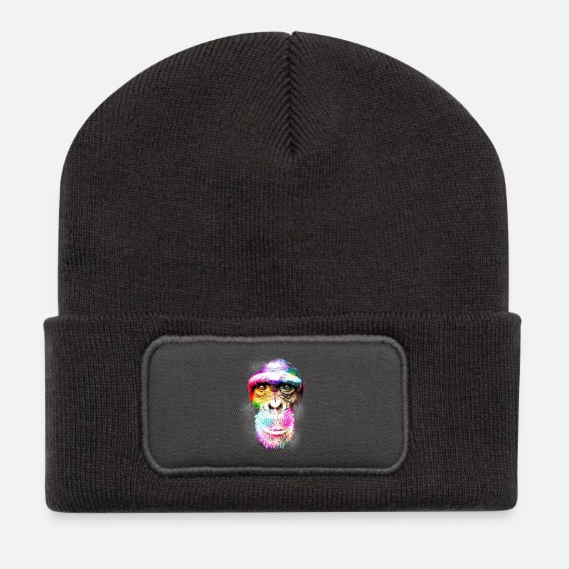 Colorful Retro Realistic Monkey Face Funny Graphic - Recycled Patch Beanie - dark grey