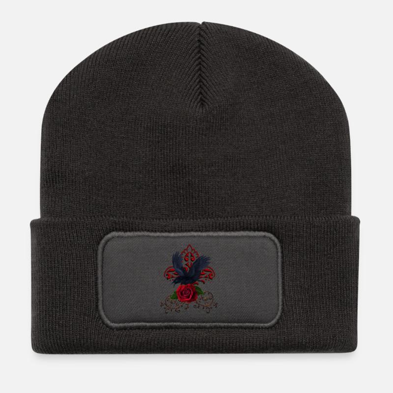 Wundervoller Rabe mit Rose - Recycelte Patch Beanie - Dunkelgrau